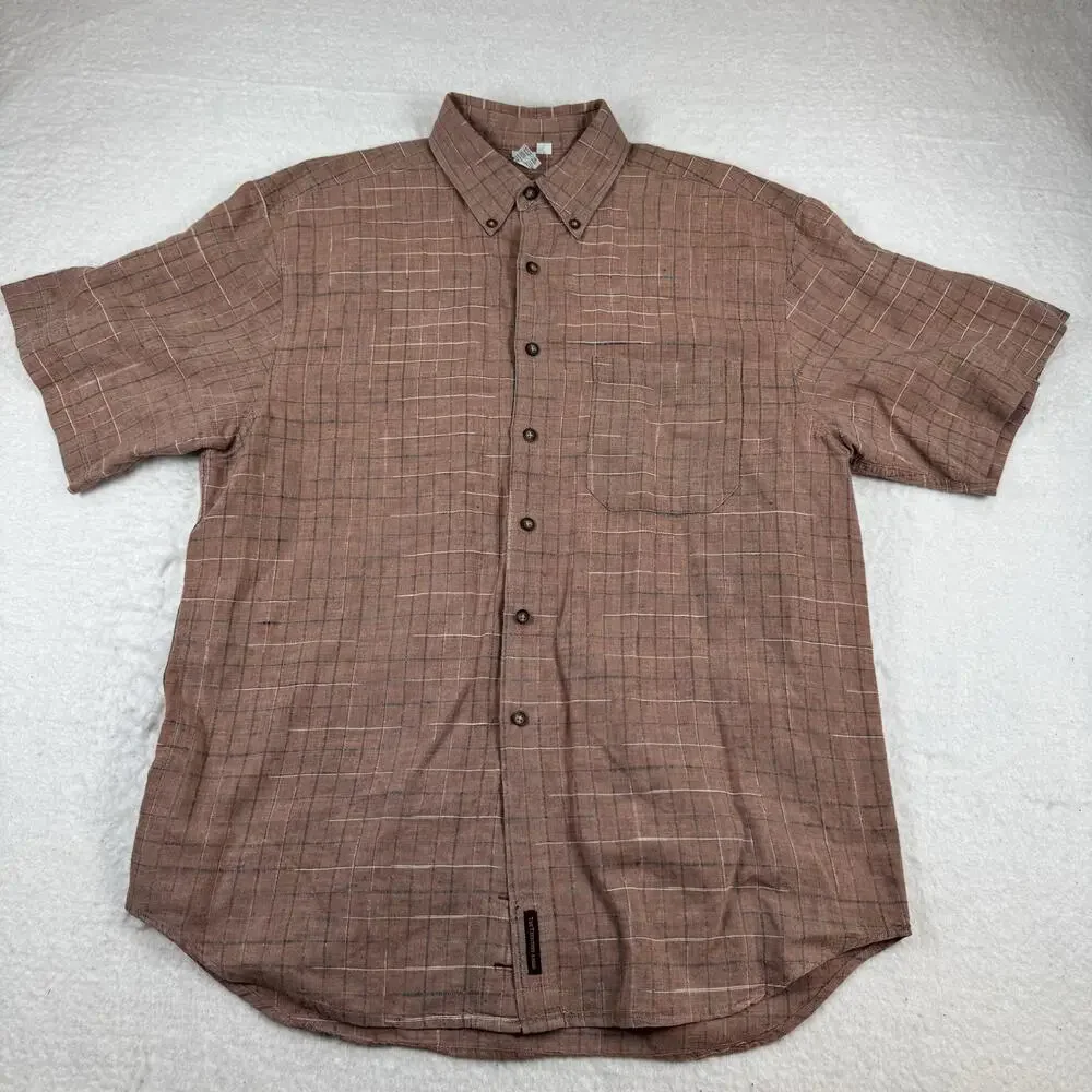 The Territory Ahead Shirt Mens Size L Brown Plaid Linen Short Sleeve Button Up